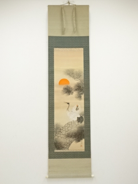 JAPANESE HANGING SCROLL / HAND PAINTED / PAIRED CRANES WITH PINE 